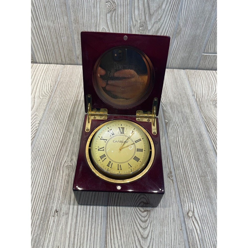 Danbury Desk Clock Gimbaled Globe Wood Presentation Box Gold Tone Roman Numeral